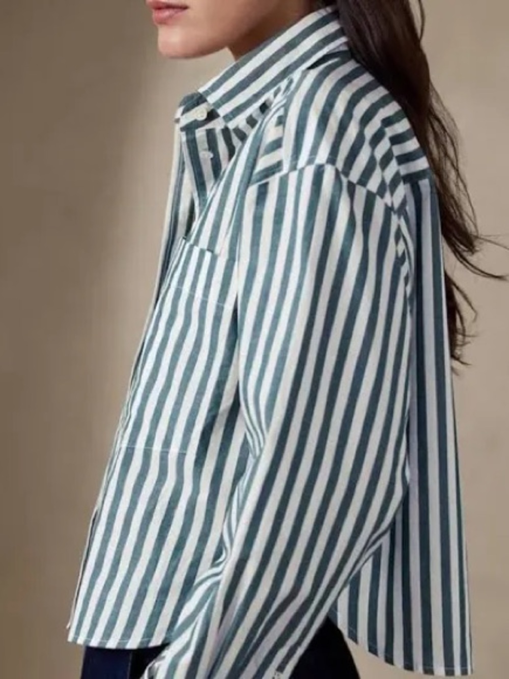 Banana Republic the boxy cropped button down shirt in green stripe NWT - Picture 8 of 8
